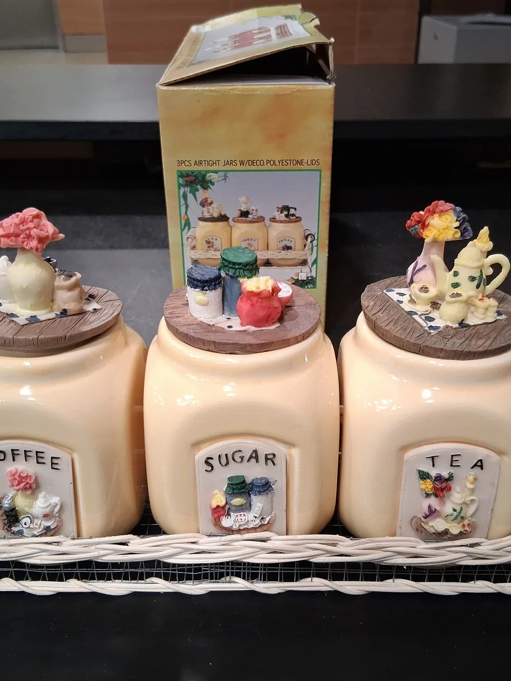 Cream Ceramic Sugar, Coffee & Tea Canister Set with Decorative Lids